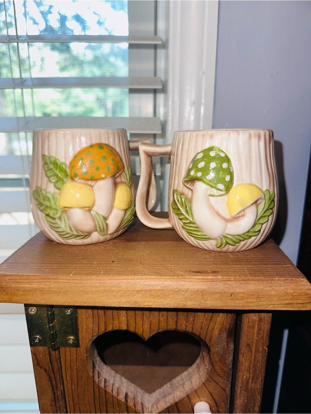 Hand-Painted Mushroom Ceramic Mugs — Yellow & Green